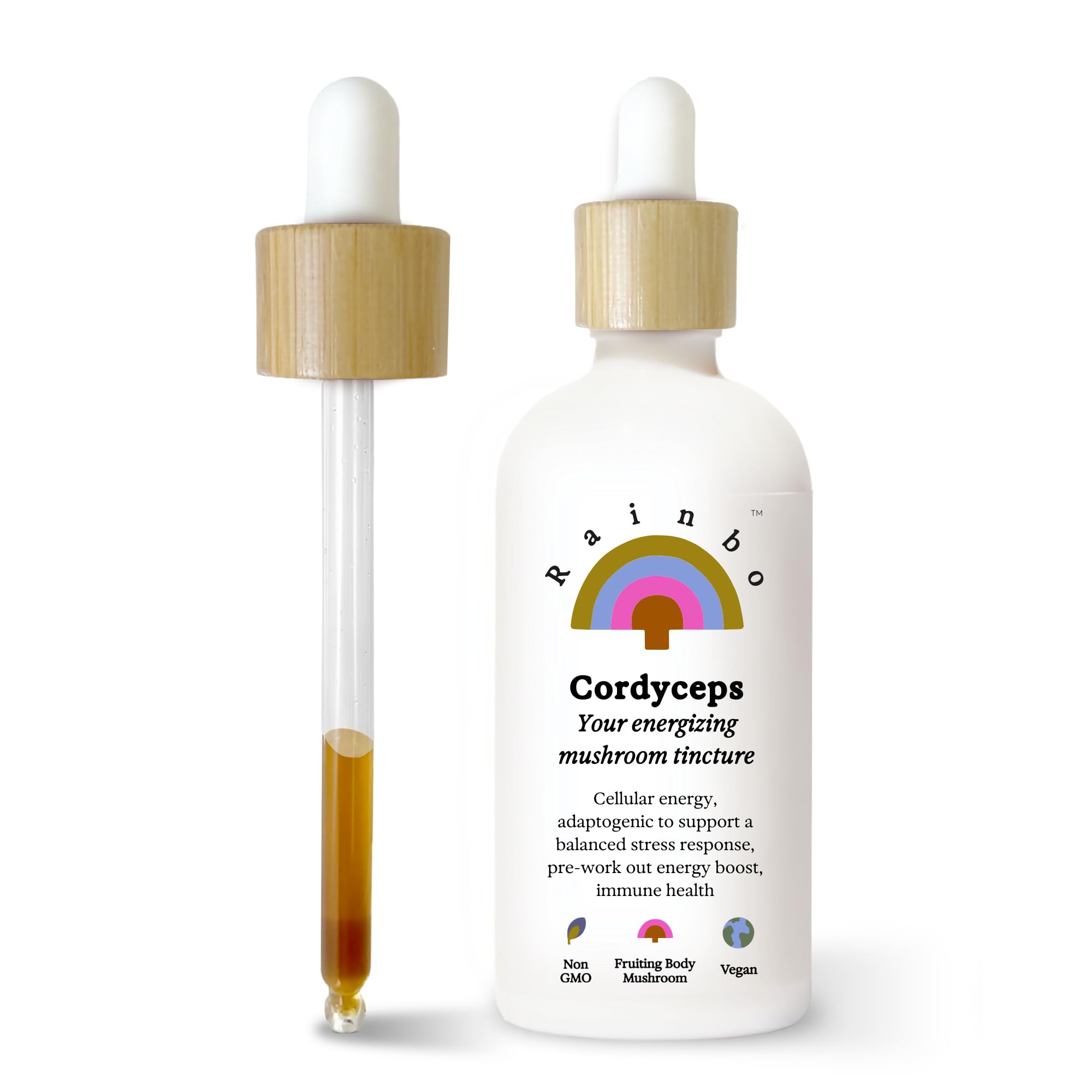 Rainbo Cordyceps tincture bottle showcases branding for daily immune support.