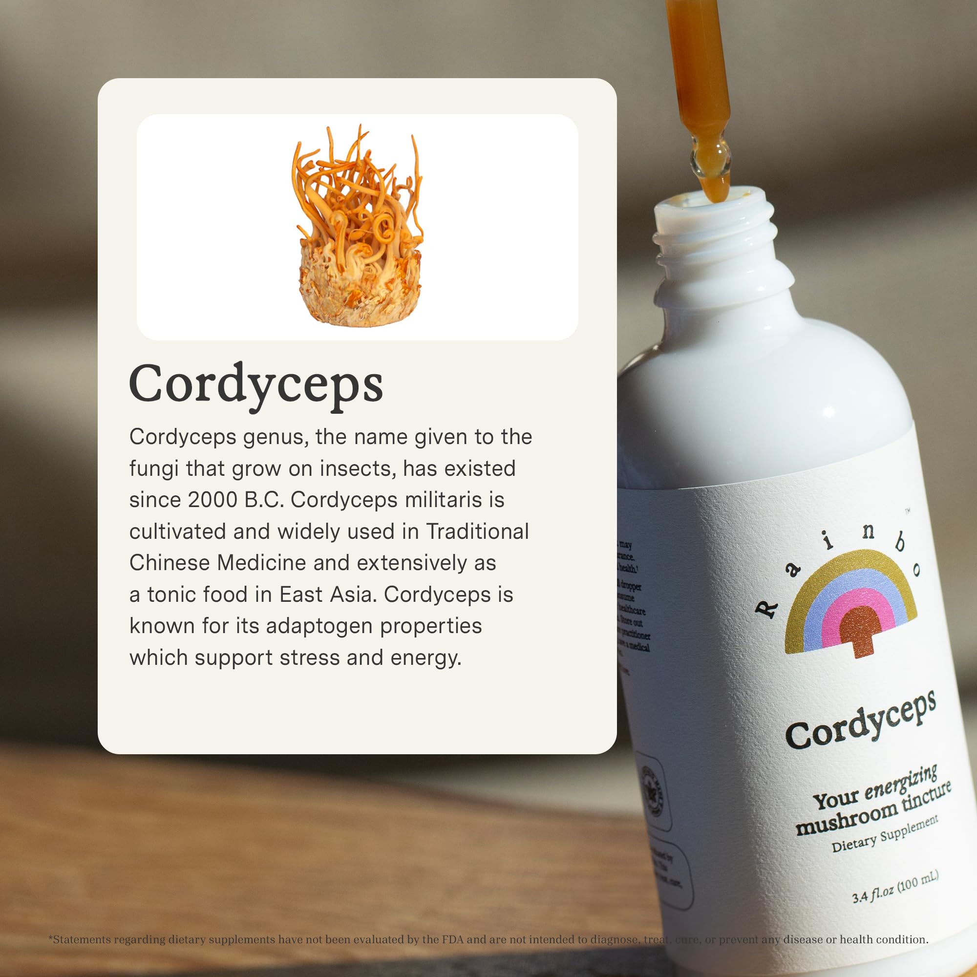 Close-up of Rainbo Cordyceps tincture label highlights vegan, non-GMO credentials.