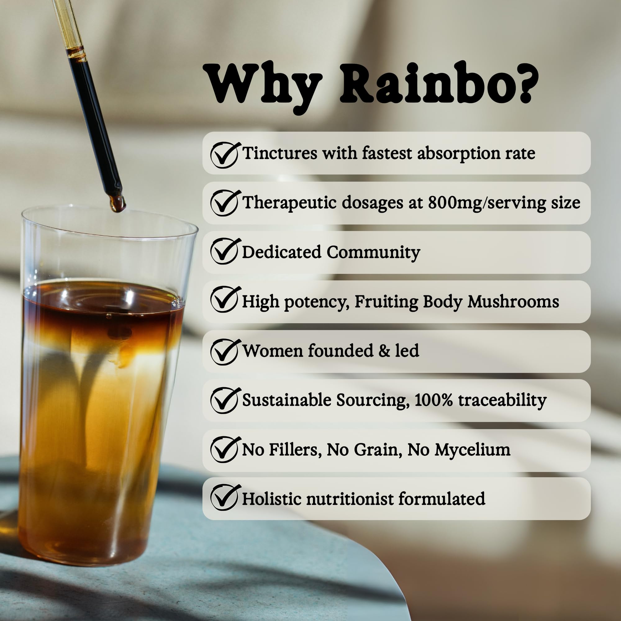 Rainbo Cordyceps tincture liquid in glass emphasizes dual extract formula.