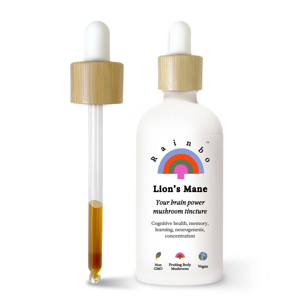 Rainbo Lion's Mane tincture bottle for brain support, alcohol-free.