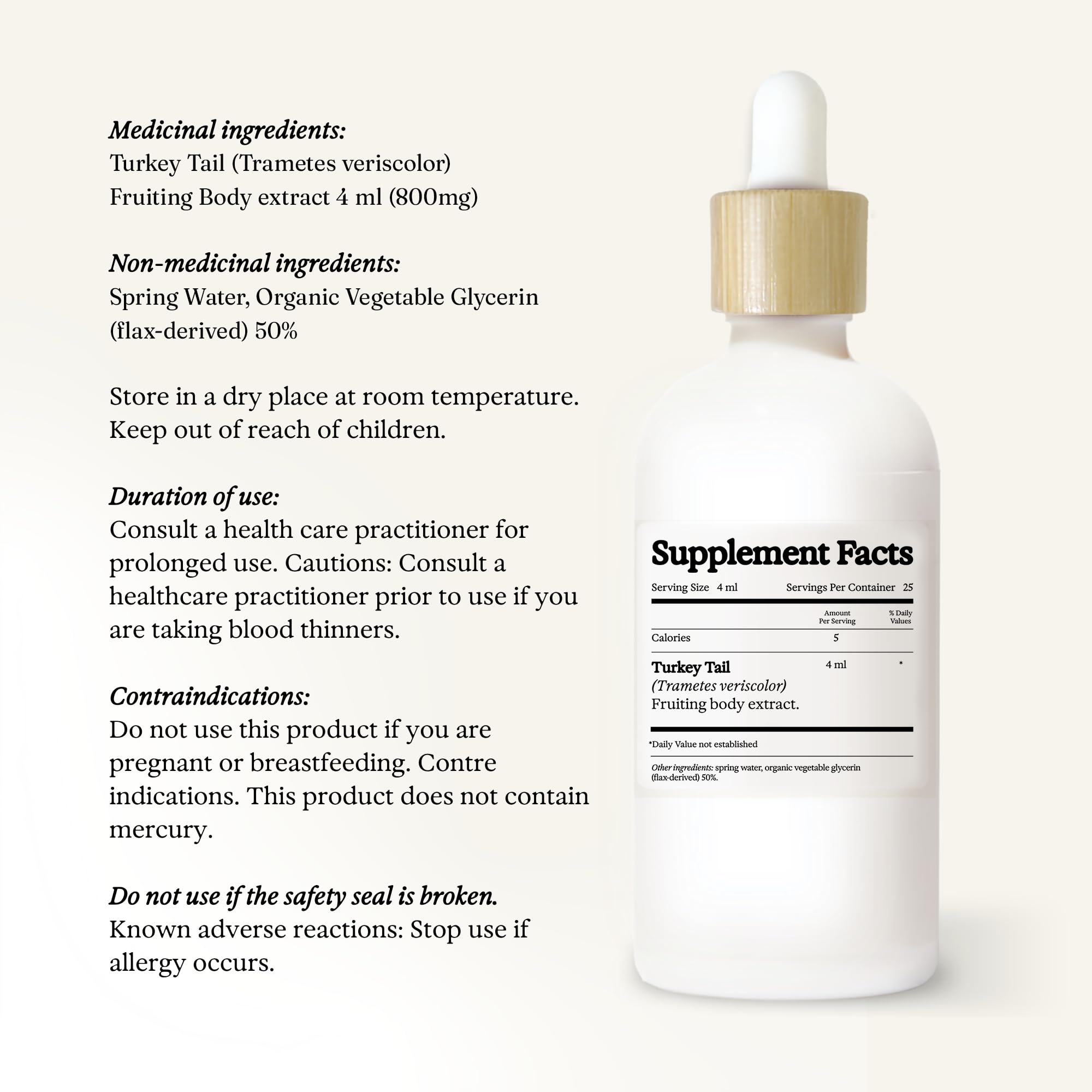 Eco-friendly packaging for Rainbo Turkey Tail tincture signaling responsible packaging.