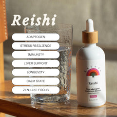 Rainbo Reishi tincture label closeup showing premium dual extract quality.