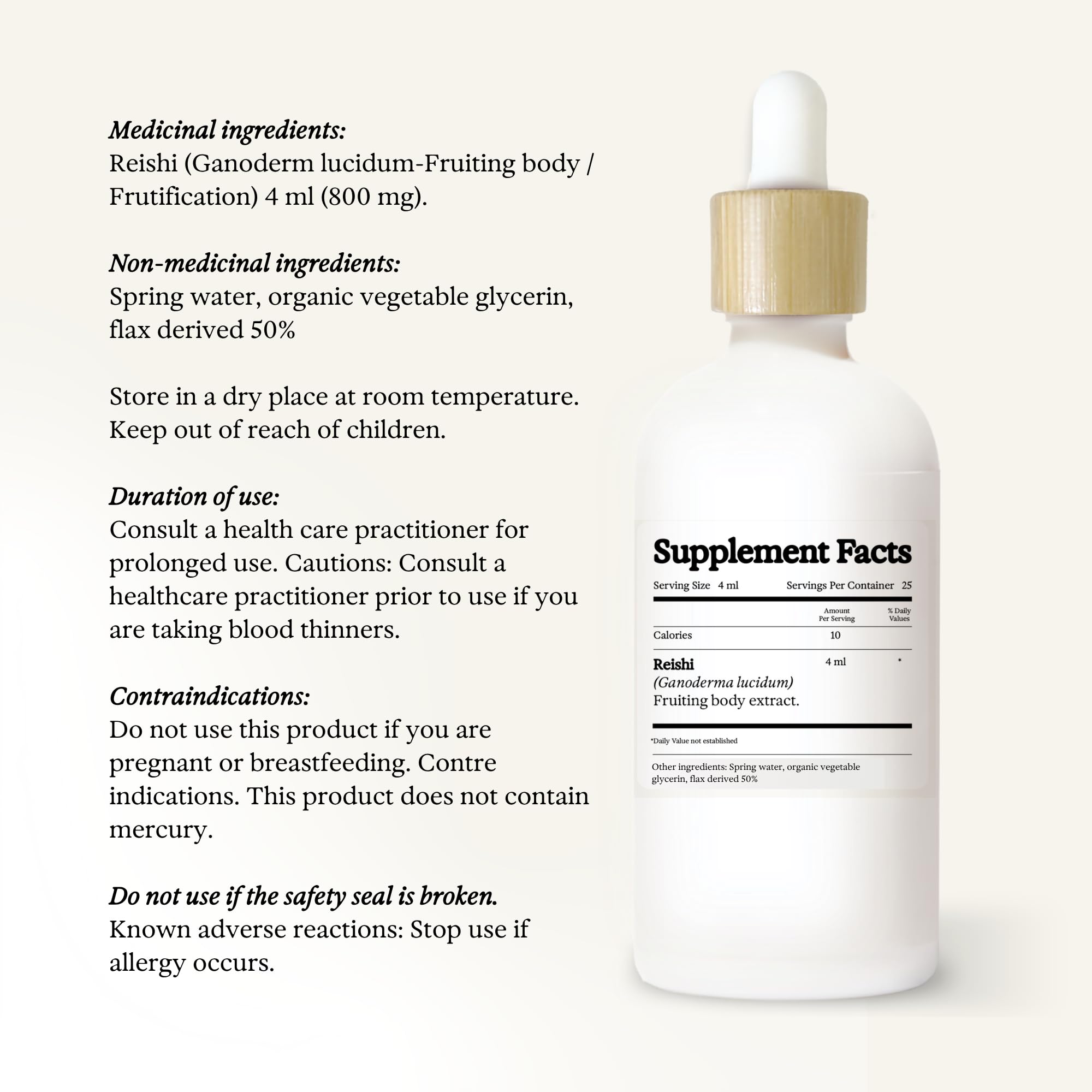 Rainbo Reishi tincture label stating vegan and non-GMO.