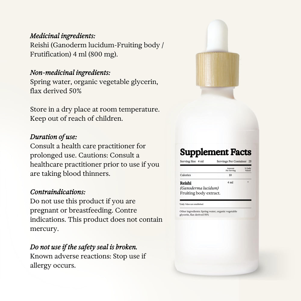 Rainbo Reishi tincture label stating vegan and non-GMO.