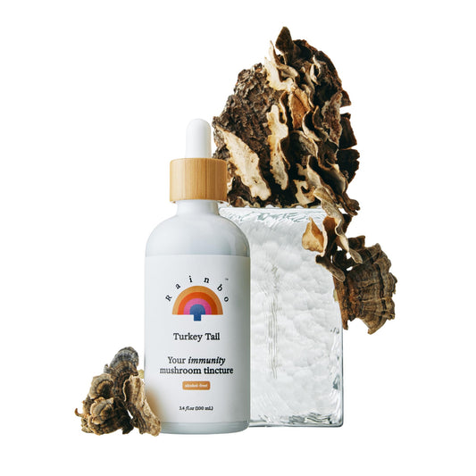 Rainbo Turkey Tail tincture bottle with alcohol-free formula for daily immune support.