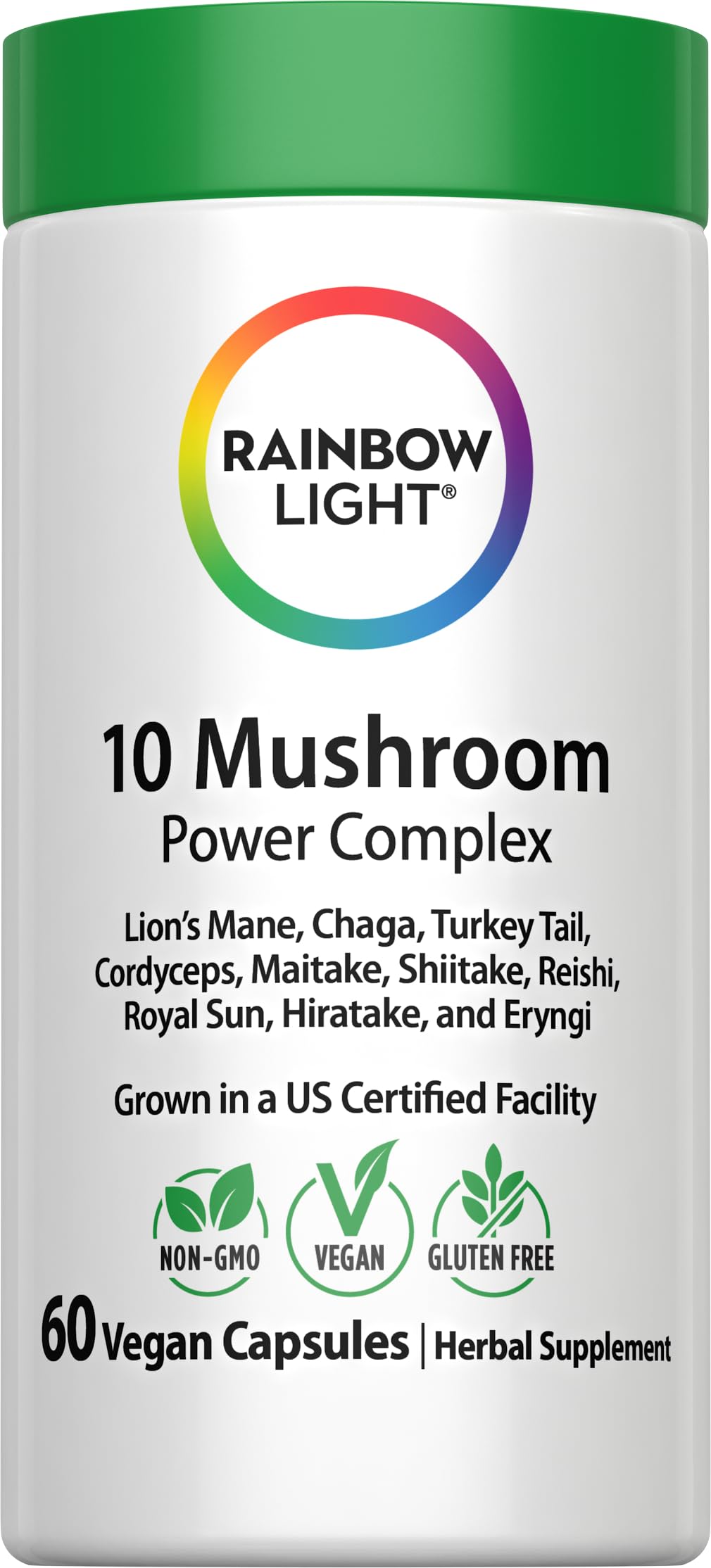Rainbow Light 10 Mushroom Power bottle shows a potent vegan supplement for daily wellness.