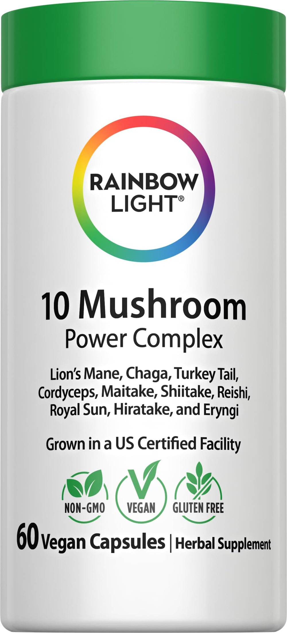 Rainbow Light 10 Mushroom Power bottle shows a potent vegan supplement for daily wellness.