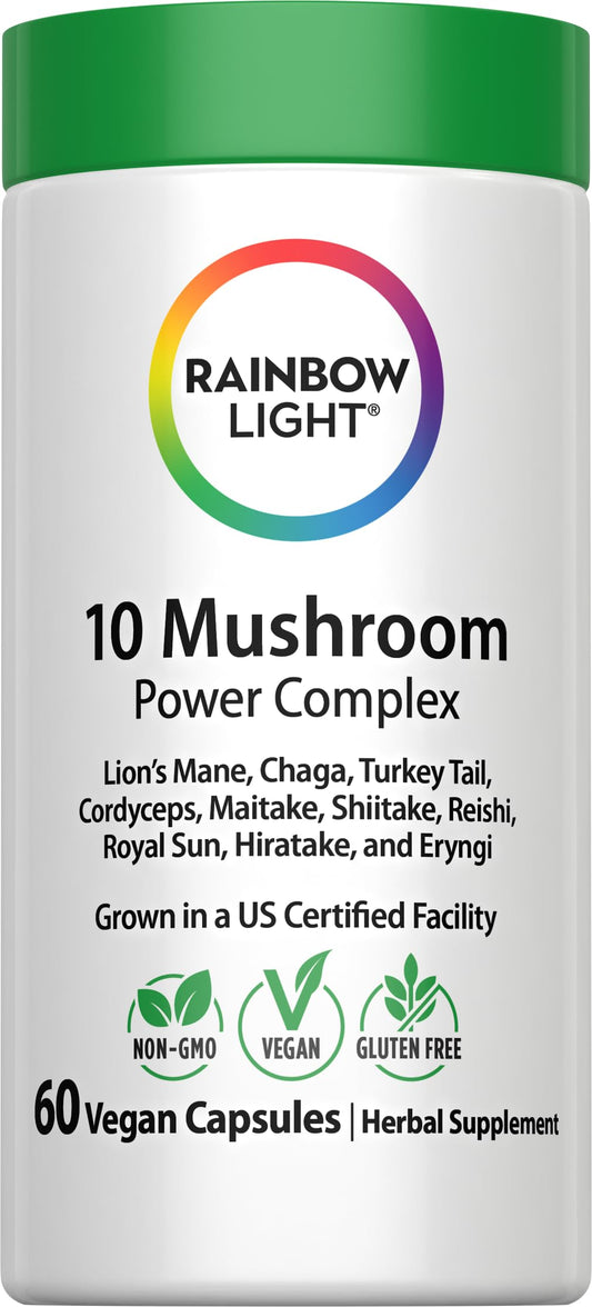 Rainbow Light 10 Mushroom Power bottle shows a potent vegan supplement for daily wellness.