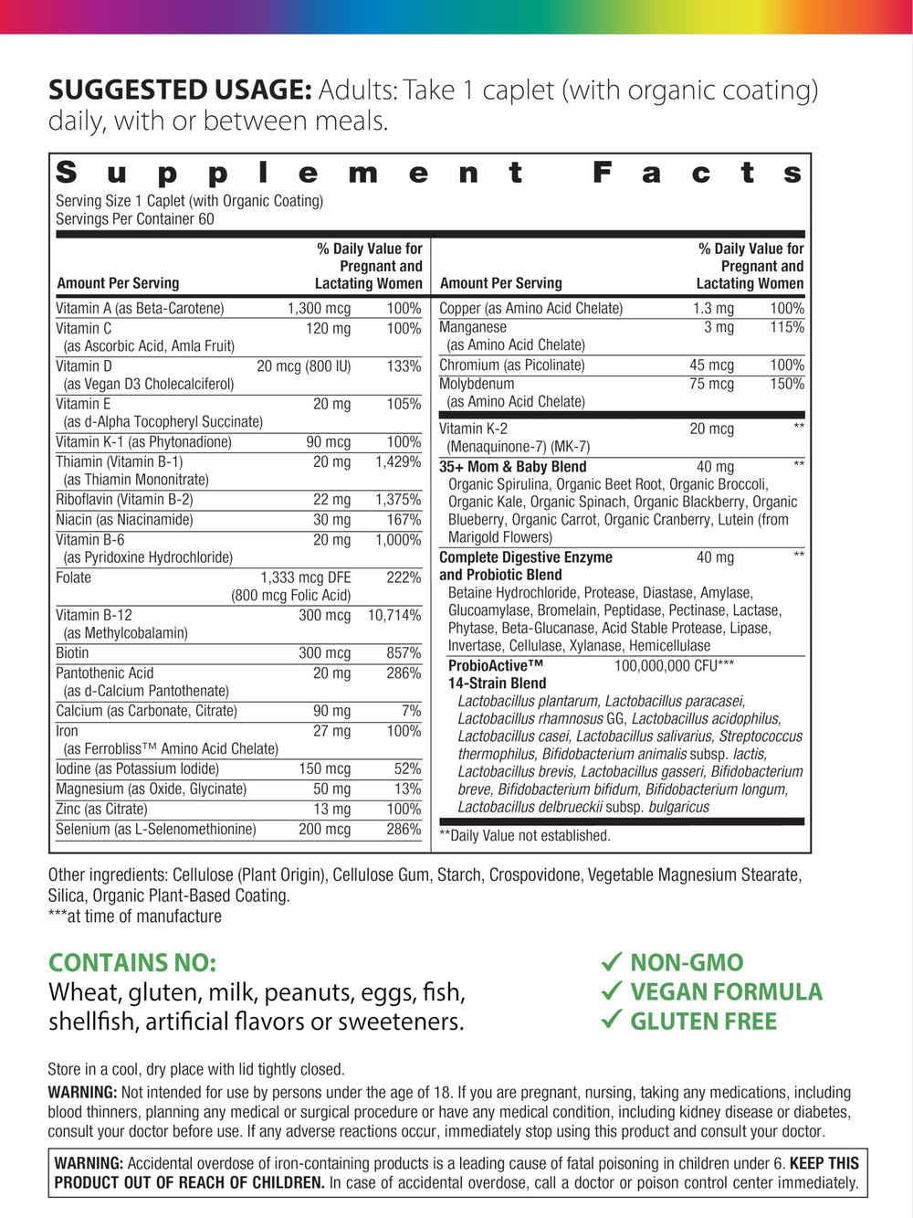 Rainbow Light 35+ Mom and Baby+ bottle back lists real food ingredients