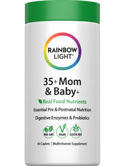 Rainbow Light 35+ Mom and Baby+ bottle front shows high-potency prenatal nutrients