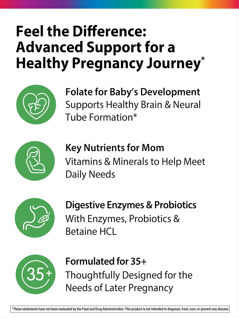 Rainbow Light 35+ Mom and Baby+ vegan caplets shown for plant-based nutrition
