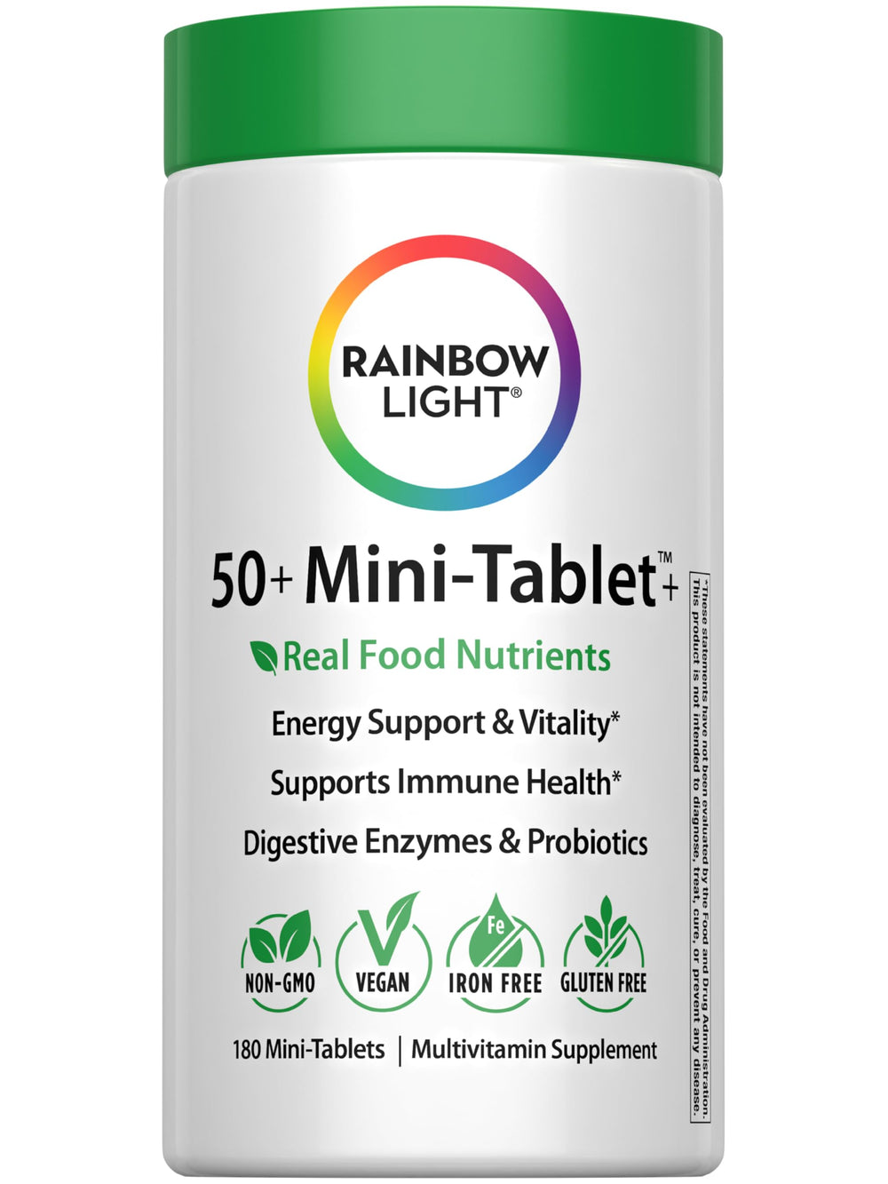 Rainbow Light 50+ mini-tablet bottle closeup highlights easy swallowing and broad nutrient support.