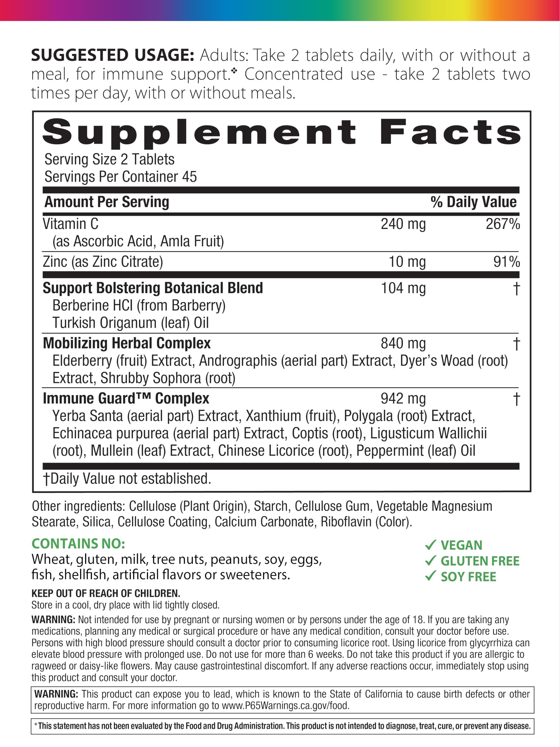 Rainbow Light Counter Attack label close-up highlighting vegan and gluten-free attributes.