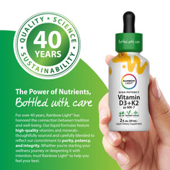 Rainbow Light vitamin D3 + K2 drops serving 1 mL with 30-second hold.
