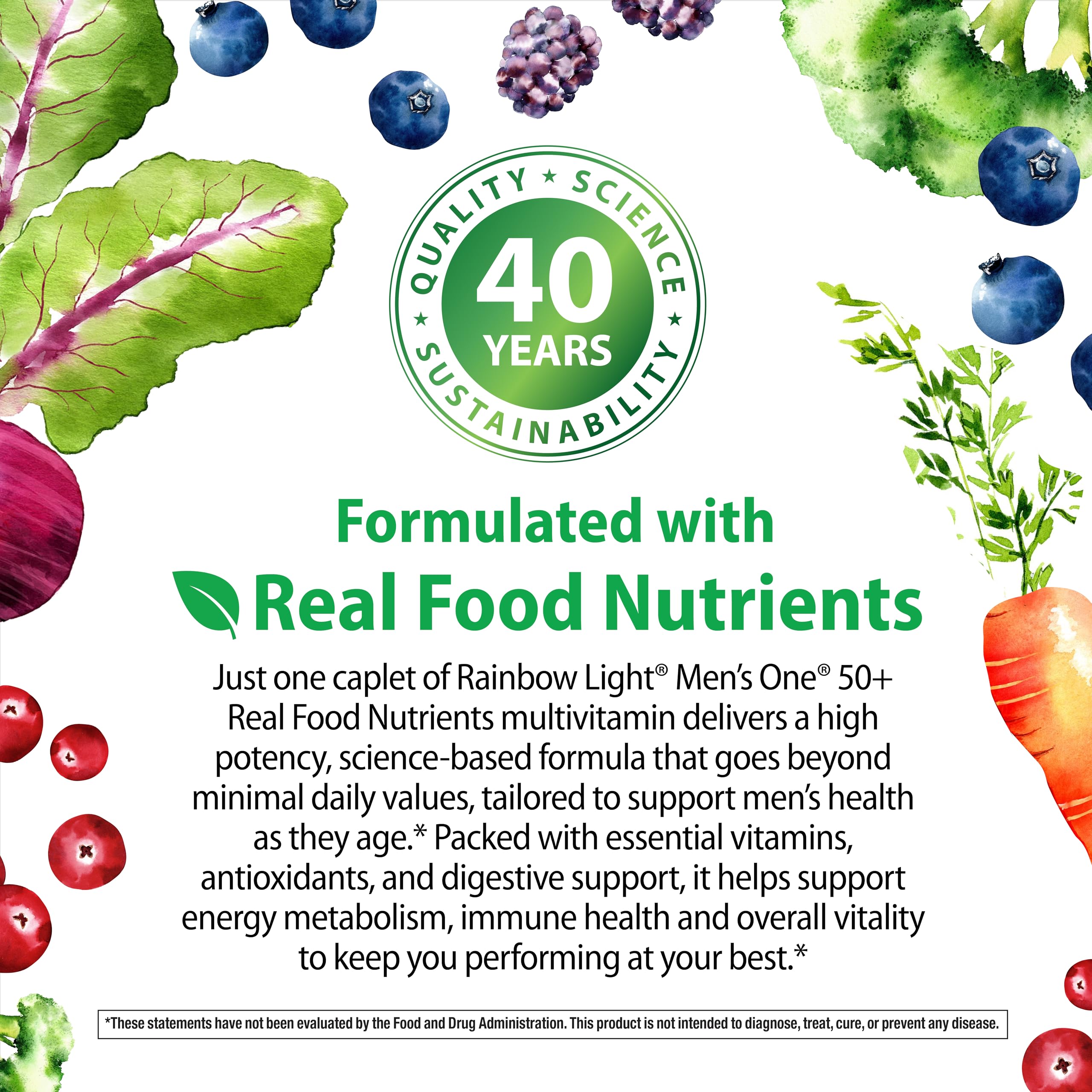 Rainbow Light daily nutrition essentials conveys convenient, ready-to-take multivitamin for 50+ men.