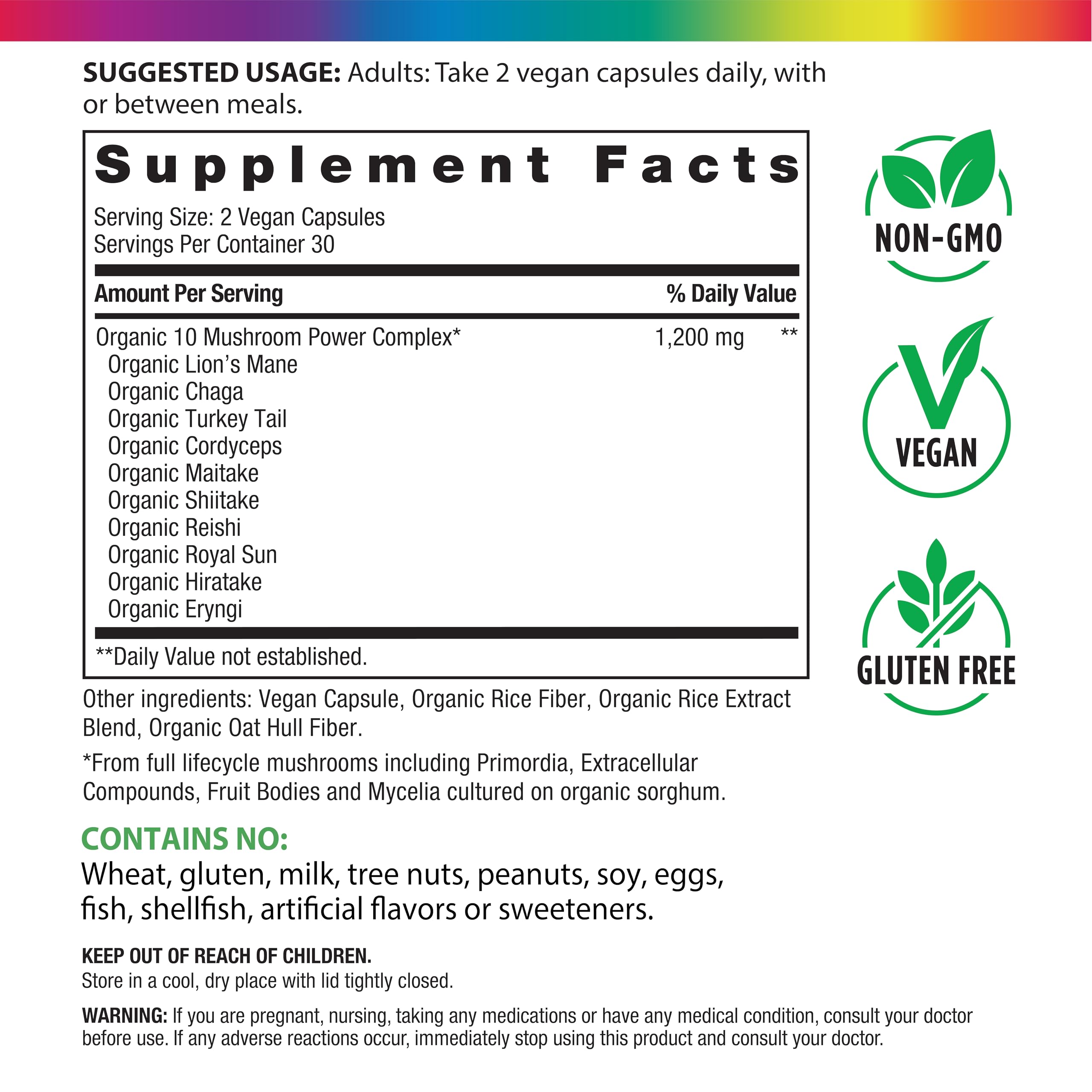 Rainbow Light full lifecycle mushrooms graphic highlights broad-spectrum mushroom benefits.
