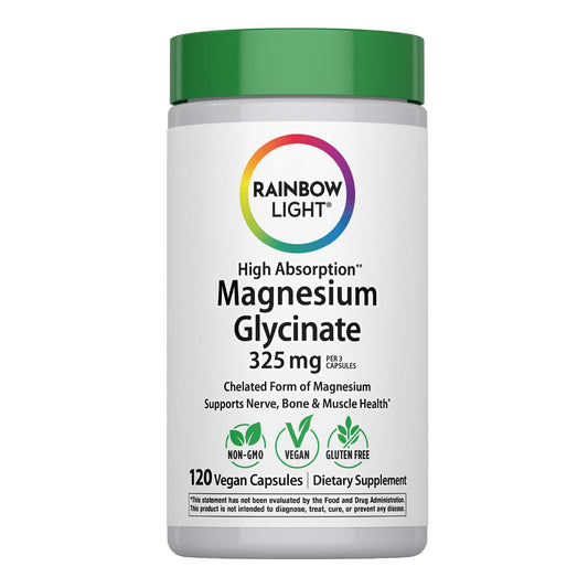 Rainbow Light Magnesium Glycinate 325mg bottle supports high absorption.