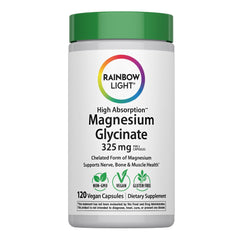 Rainbow Light Magnesium Glycinate 325mg bottle supports high absorption.