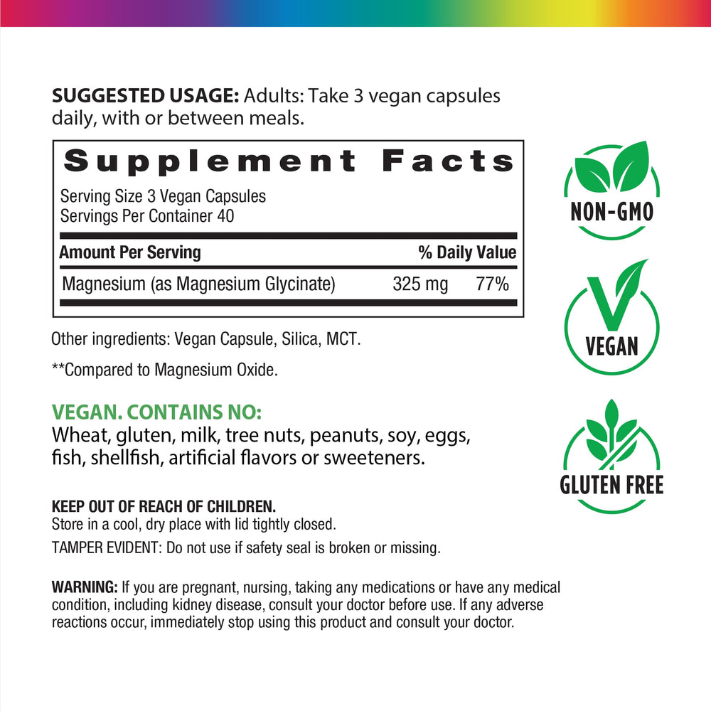 Rainbow Light magnesium glycinate capsules highlight vegan, gluten-free formula.