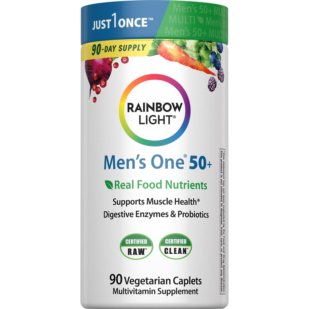 Rainbow Light Mens One 50+ bottle image highlighting high potency nutrients for daily support.