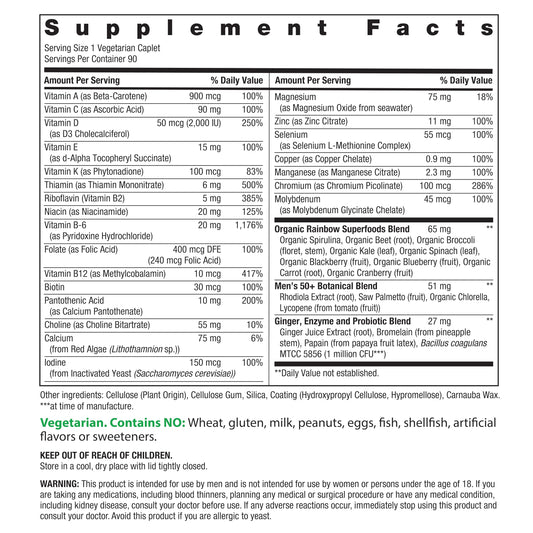 Rainbow Light Mens One 50+ tablets shown for easy daily routine.
