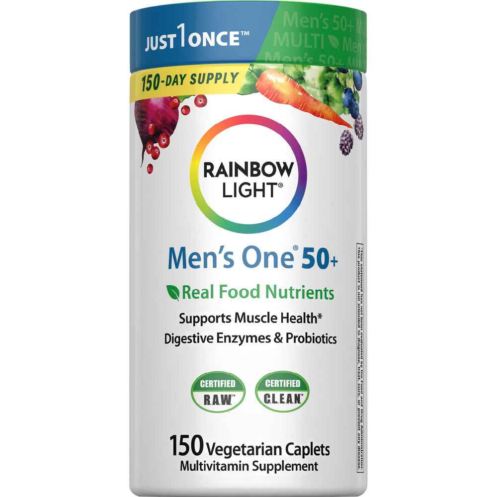 Rainbow Light Men's One 50+ bottle for daily immune support and energy.