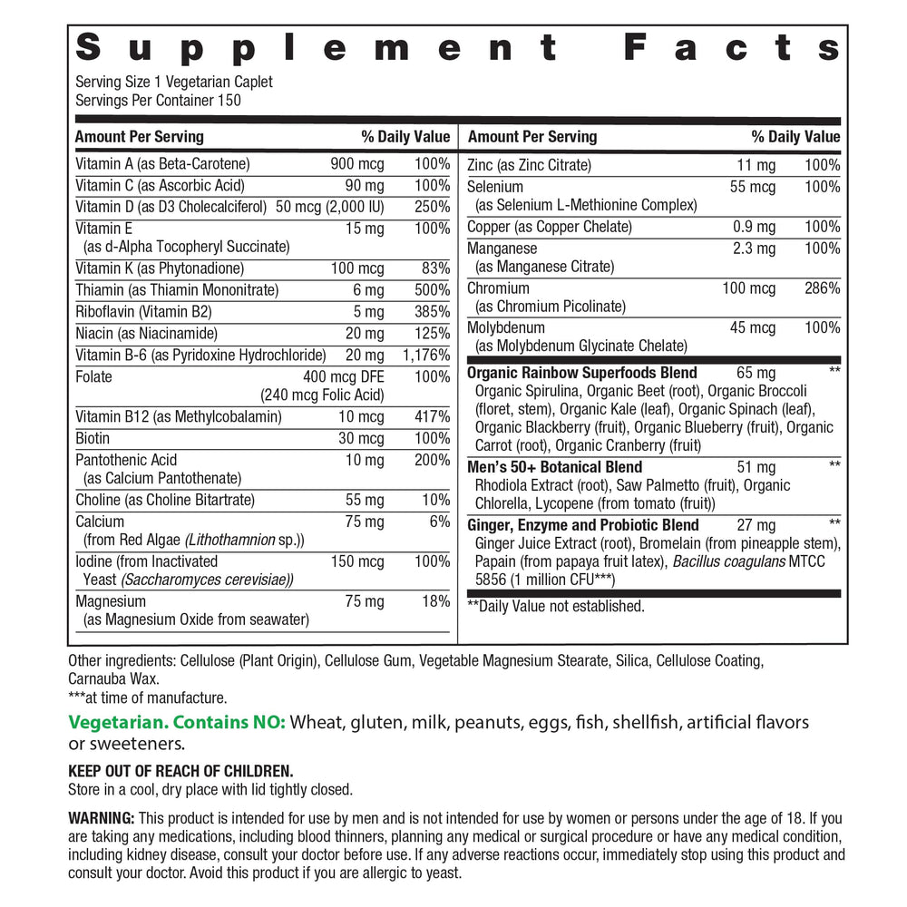 Rainbow Light Men's One 50+ label front shows the complete nutrient coverage.