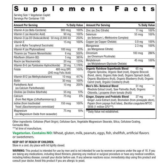 Rainbow Light Men's One 50+ label front shows the complete nutrient coverage.