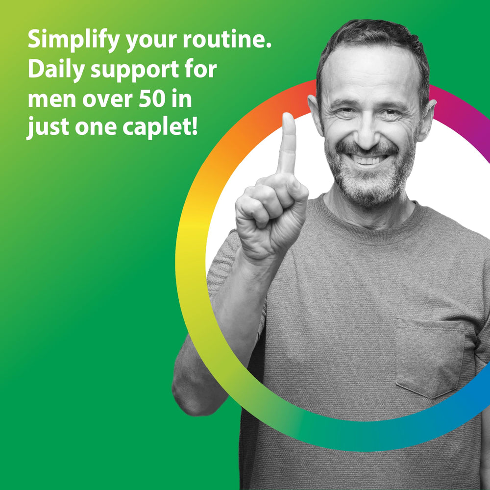 Close-up of Rainbow Light Men's One 50+ tablets highlighting high potency formula.