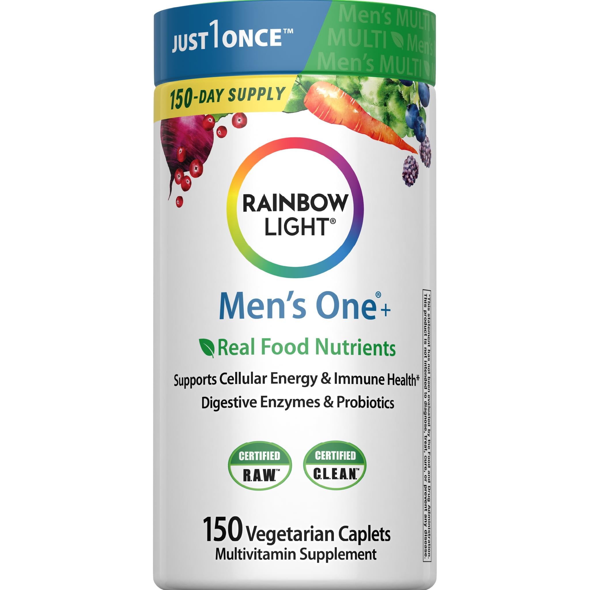 Rainbow Light Mens One+ bottle and cap offering daily wellness and energy support.