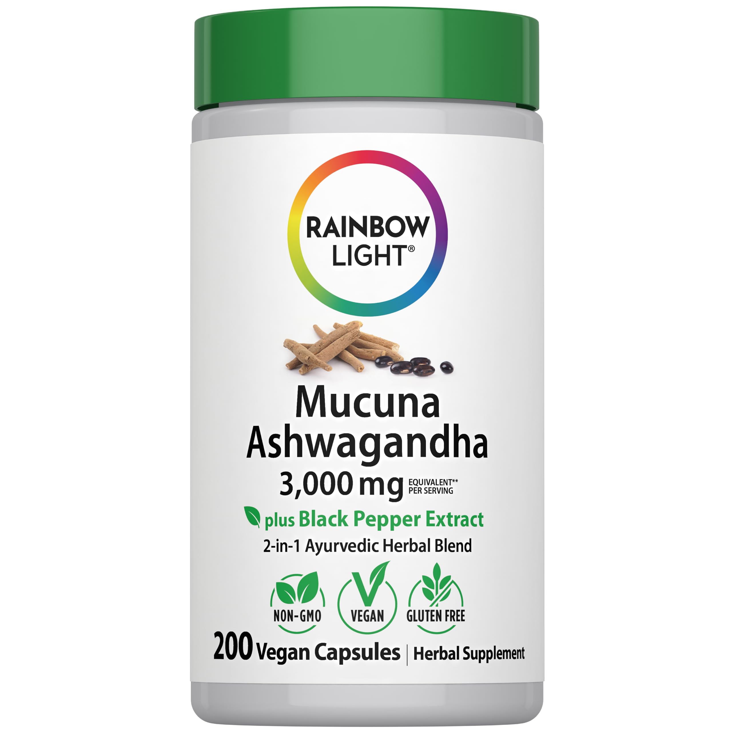 Rainbow Light Mucuna Ashwagandha bottle with vegan capsules for daily balance.