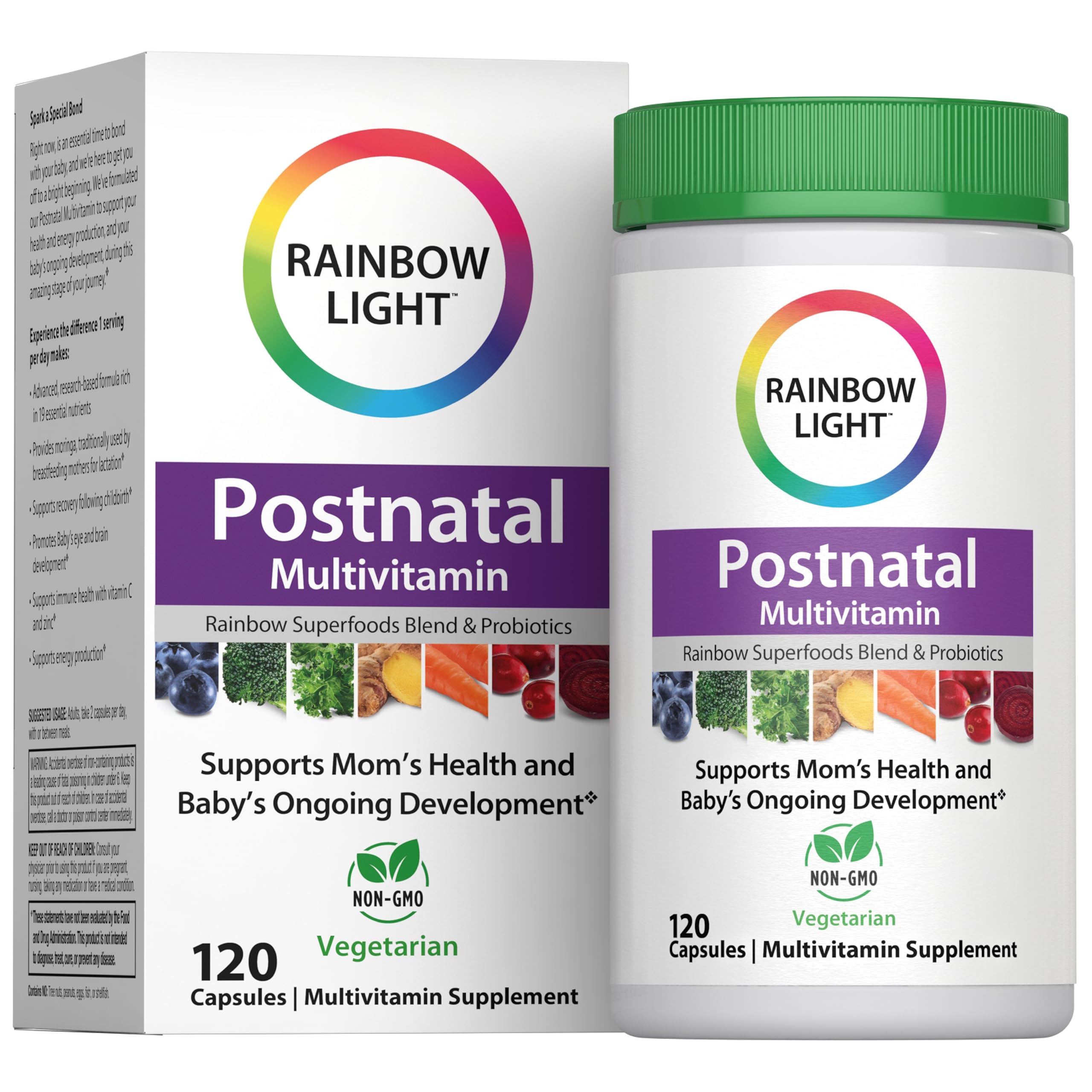 Rainbow Light Postnatal Multivitamin bottle on kitchen counter supports mom energy and baby development.