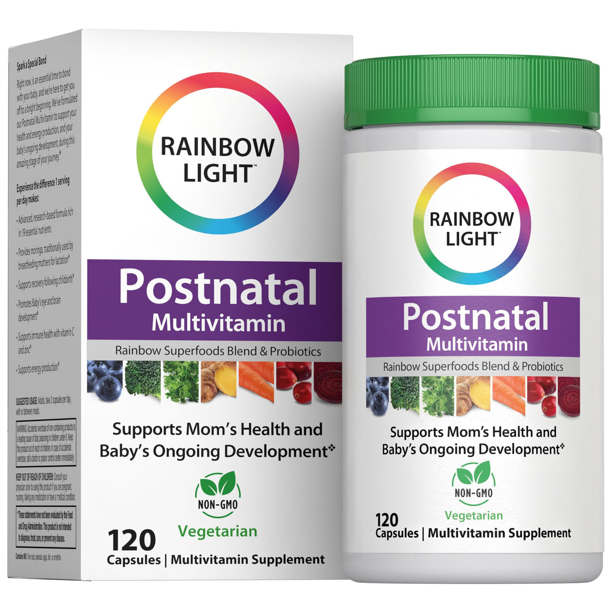 Rainbow Light Postnatal Multivitamin bottle on kitchen counter supports mom energy and baby development.