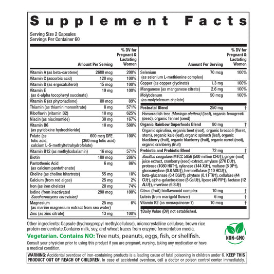 Rainbow Light Postnatal Multivitamin capsules close-up show gentle texture for lactation support.