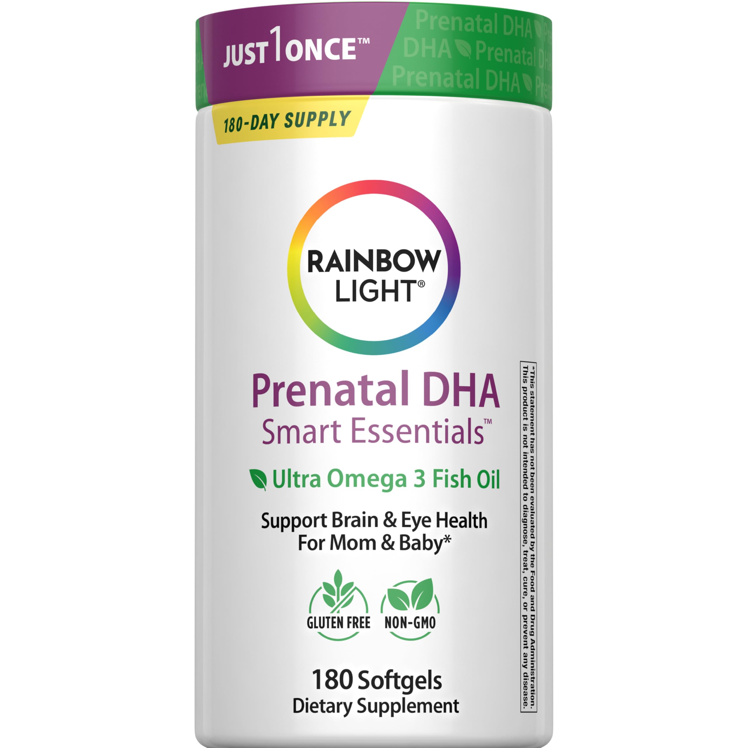 Rainbow Light Prenatal DHA softgel bottle with orange flavor for easy daily intake.