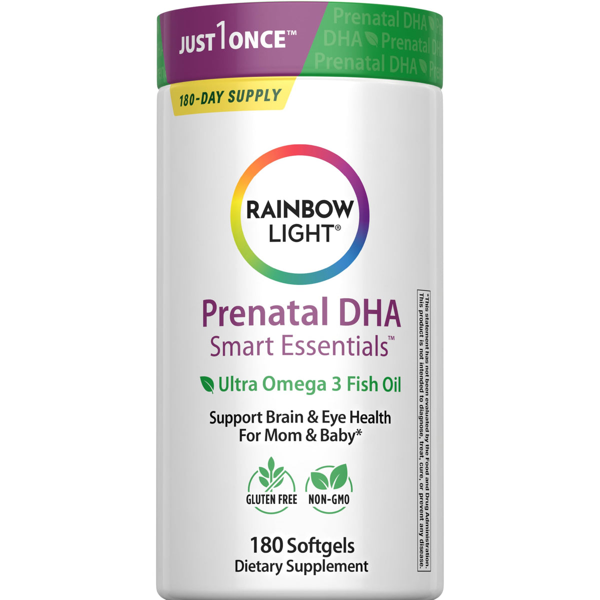 Rainbow Light Prenatal DHA softgel bottle with orange flavor for easy daily intake.