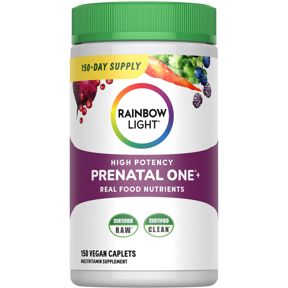 Rainbow Light Prenatal One bottle front showing high potency vitamins for mom and baby.