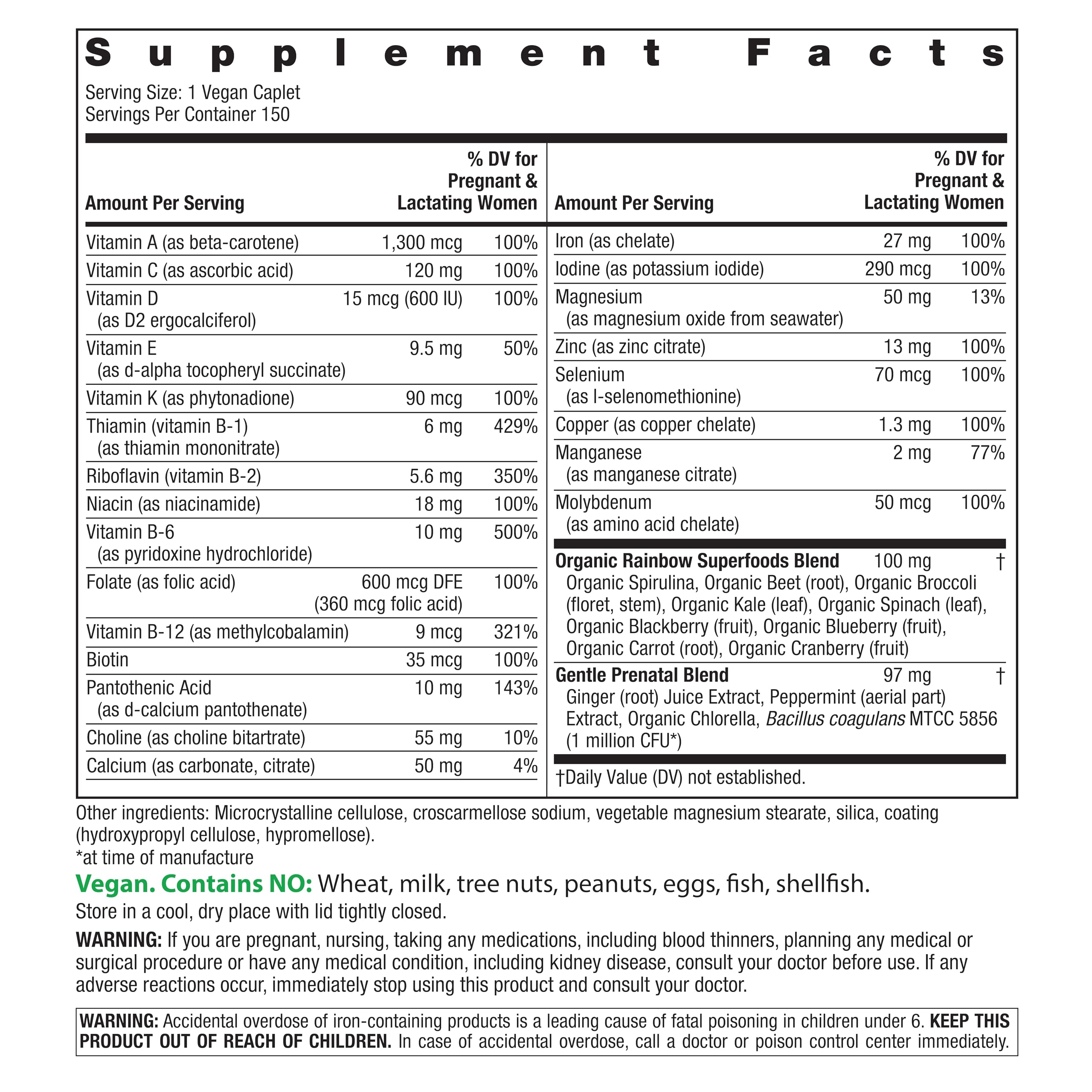 Rainbow Light Prenatal One label close-up highlighting folate and nutrients.