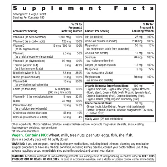 Rainbow Light Prenatal One label close-up highlighting folate and nutrients.