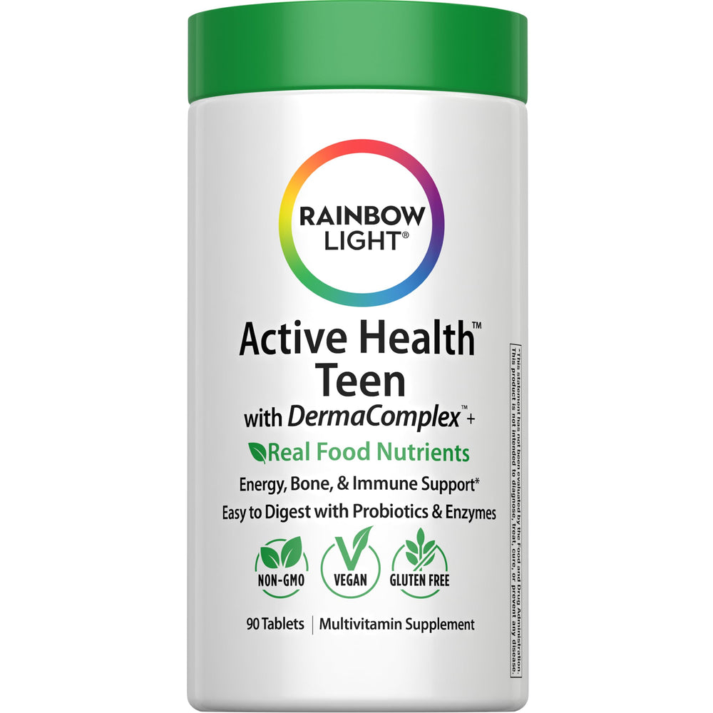 Rainbow Light teen multivitamin bottle front view supports immune health with fruit punch flavor