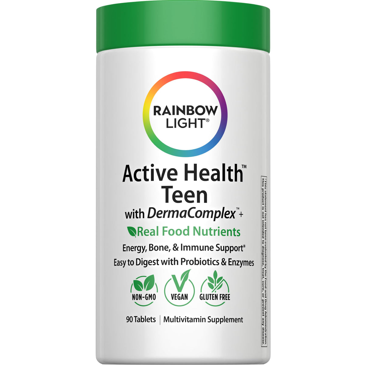 Rainbow Light teen multivitamin bottle front view supports immune health with fruit punch flavor