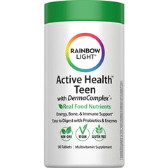 Rainbow Light teen multivitamin bottle front view supports immune health with fruit punch flavor