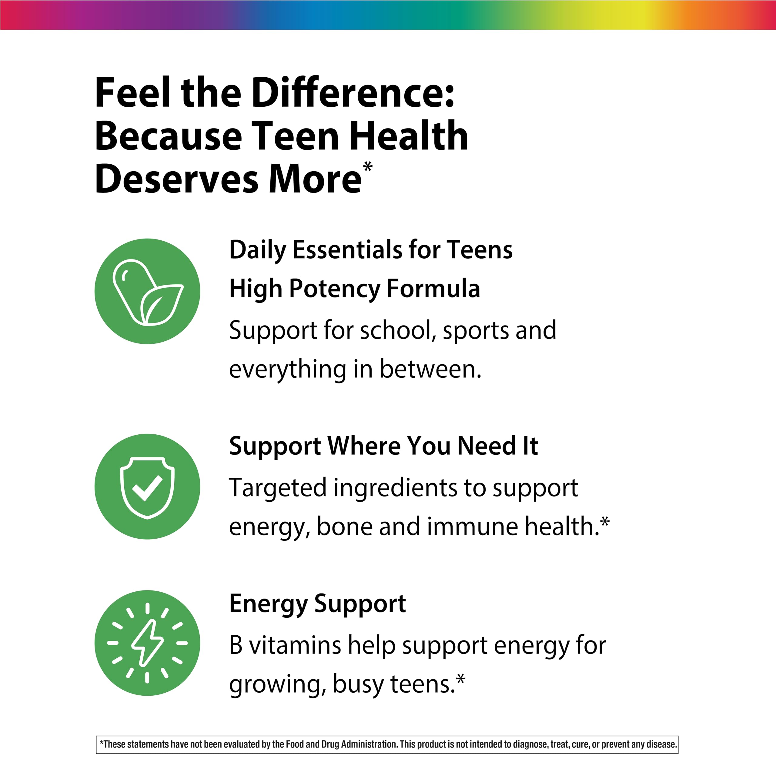 Rainbow Light teen multivitamin box side panel highlights gluten-free and vegetarian formula