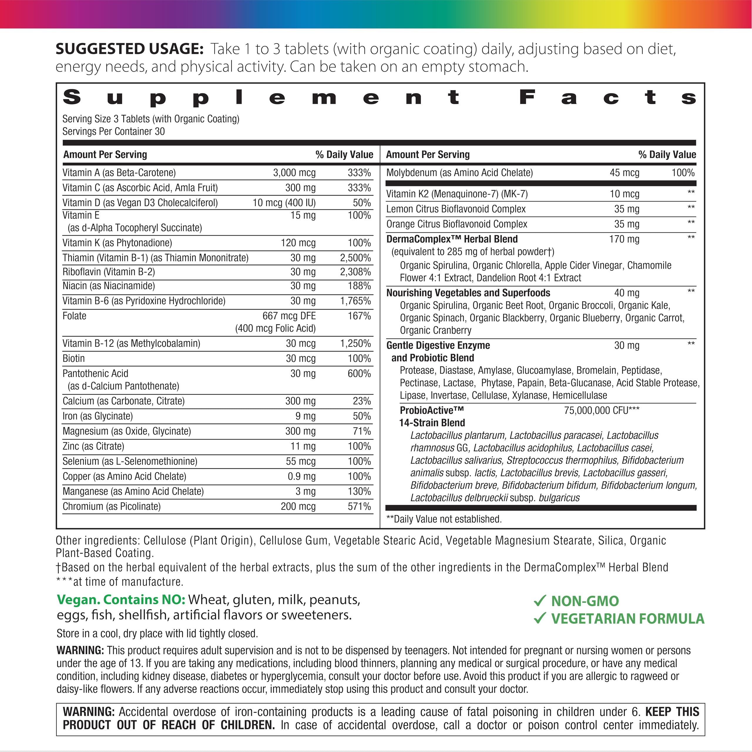 Rainbow Light teen multivitamin bottle label shows vitamins and minerals for teens, energy and growth