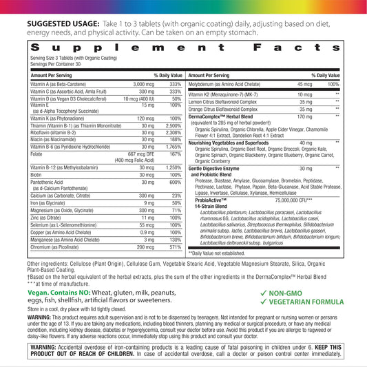 Rainbow Light teen multivitamin bottle label shows vitamins and minerals for teens, energy and growth