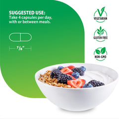 Vegetarian capsules indicating plant-based, easy-to-swallow daily supplement.
