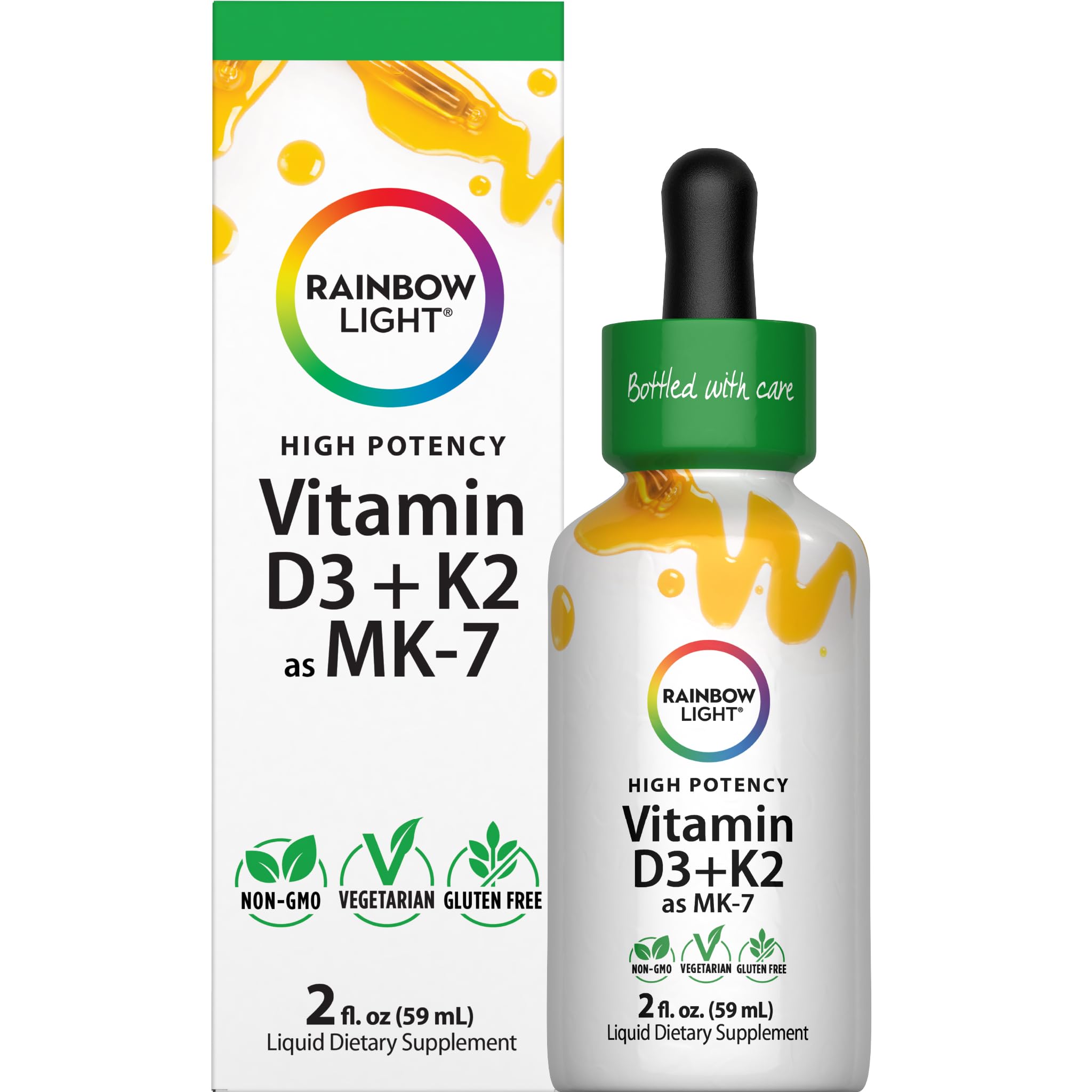 Rainbow Light vitamin D3 + K2 drops bottle highlighting high potency formula for daily wellness.