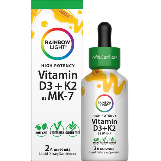 Rainbow Light vitamin D3 + K2 drops bottle highlighting high potency formula for daily wellness.
