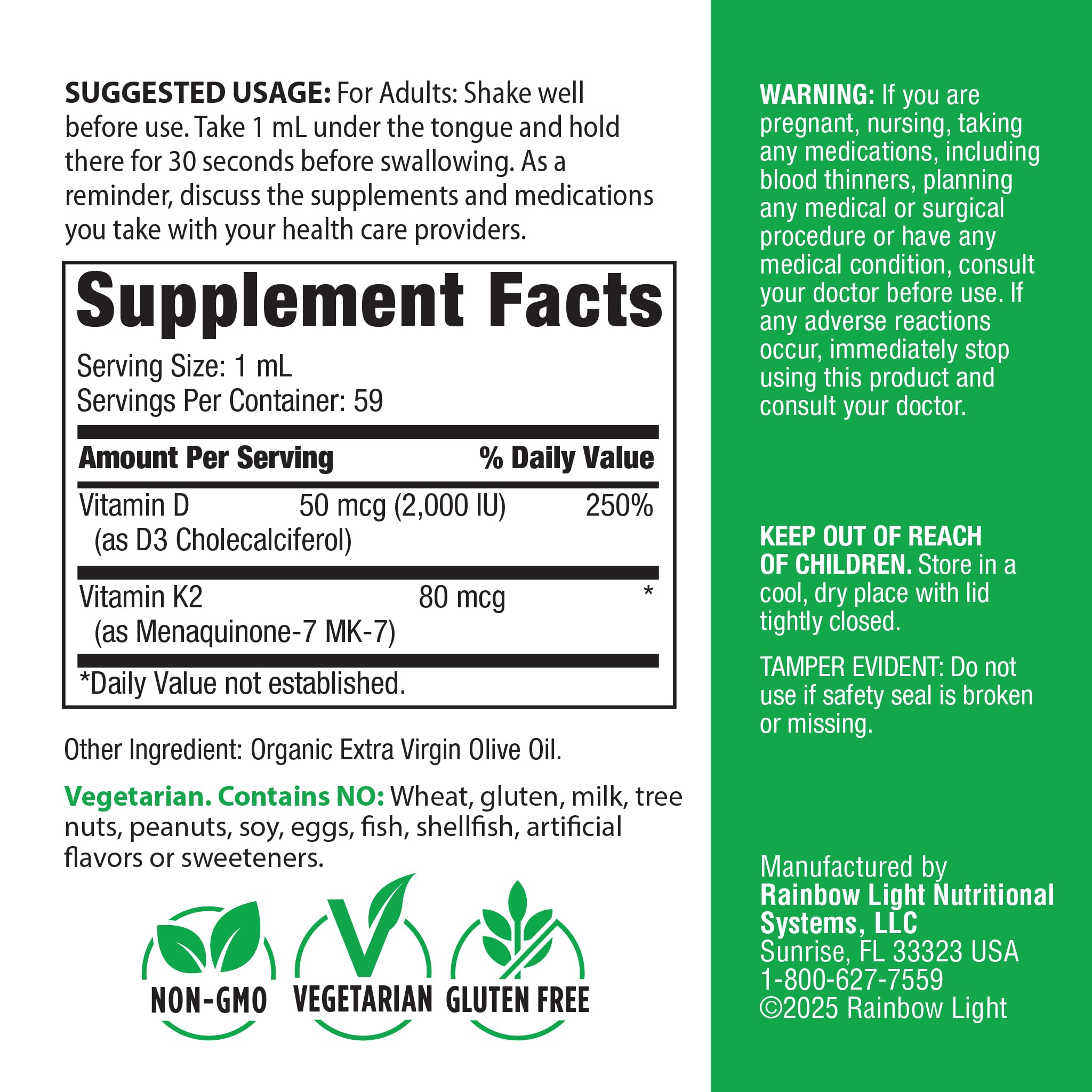 Rainbow Light vitamin D3 + K2 drops dropper shows easy administration for busy days.
