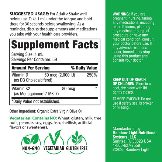 Rainbow Light vitamin D3 + K2 drops dropper shows easy administration for busy days.